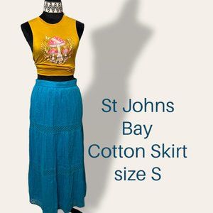 ST JOHN'S BAY Women's Boho AIRY MIDI SKIRT embroidered with Polka Dots + ribbon